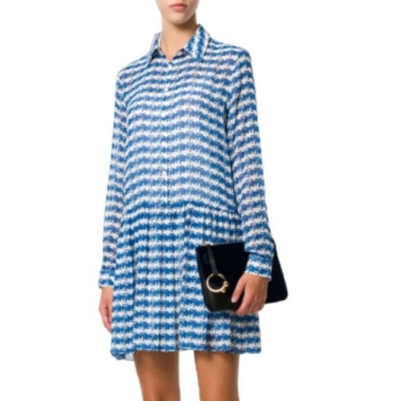 Opening Ceremony Silk Dress Blue Stripe Pleated Drop Waist Long Sleeve 8 - Picture 2 of 11